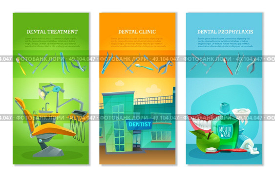 Dentist 3 Flat Vertical Banners Set . Dental clinic for affordable prophylactic procedures and painless treatment 3 flat vertical banners set abstract vector illustration. Стоковая иллюстрация, агентство Ingram Publishing / Фотобанк Лори