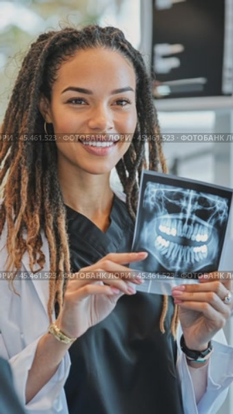 Dentist holding and showing dental x ray to patient in clinic. Стоковое AI-видео, аниматор Юрий Поздников / Фотобанк Лори