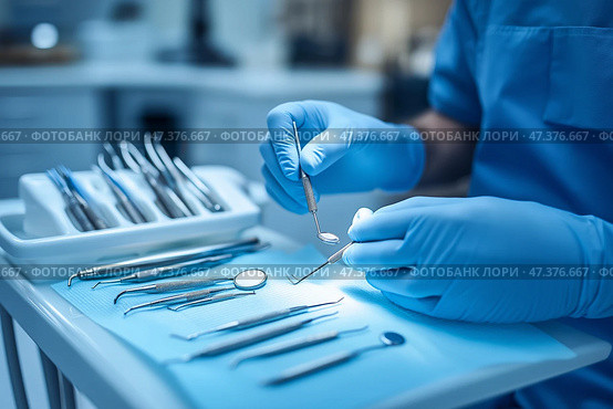 Dentist wearing blue gloves examines patient with dental instruments in clinic. Стоматолог в синих перчатках осматривает пациента с помощью стоматологических инструментов в клинике. Стоковое AI-изображение, AI-художник Katsiaryna Repich / Фотобанк Лори
