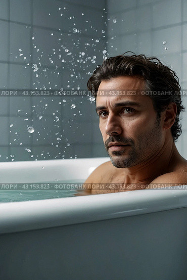 Depressed crazy man mental health in bathtub in bathroom at home looking at camera. Problem person showing human emotions. Concept apathy, anxiety, illness, trouble, creative decline. Copy space. Стоковое AI-изображение, AI-художник Aleksandr Golubev / Фотобанк Лори