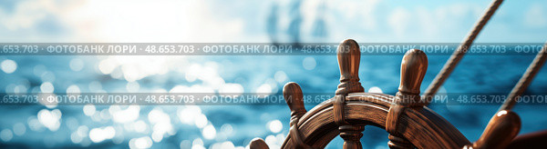 Деревянный штурвал корабля на фоне моря. Стоковое AI-изображение, AI-художник Александр Жуков / Фотобанк Лори