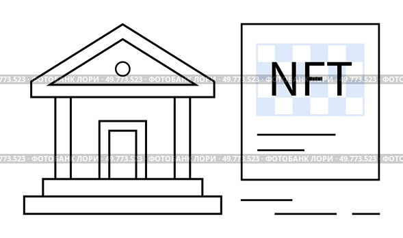 Design with a bank building next to an NFT certificate. Ideal for cryptocurrency, finance, blockchain technology, digital art, and fintech showcases. Simple lines, modern style. Digital Asset and Institutional Integration Design Featuring Bank and NFT Concept. Стоковая иллюстрация, агентство Ingram Publishing / Фотобанк Лори