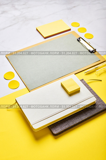 Desktop with clipboard mockup and office supplies. Стоковое фото, фотограф Ирина Буракова / Фотобанк Лори