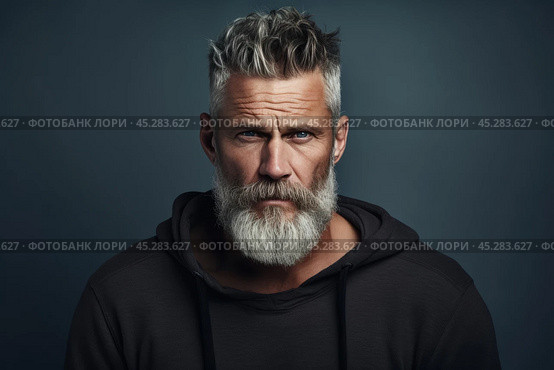 Despise. Angry and grumy Caucasian gray-haired bearded man sulking, furrow eyebrows and staring with anger and contempt, boiling from furious emotions, standing over grey background. Стоковое AI-изображение, AI-художник Sergey Grishin / Фотобанк Лори