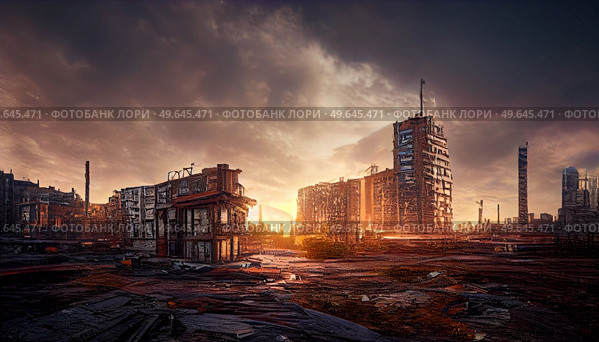 Destroyed in war post-apocalyptic city background under storm clouds. Destroyed city background. Стоковое фото, агентство Ingram Publishing / Фотобанк Лори