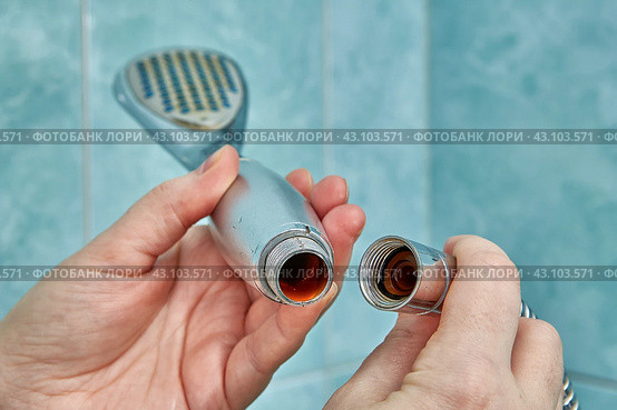 Detaching shower head from hose for cleaning or replacement. Стоковое фото, фотограф Владимир Григорьев / Фотобанк Лори