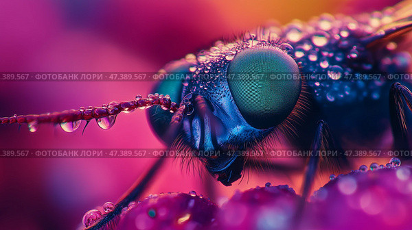 Detailed close-up of a fly showcasing intricate eye. Стоковое AI-изображение, AI-художник Михаил Коханчиков / Фотобанк Лори