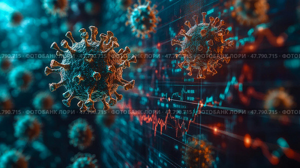 Detailed depiction of viruses in a digital format highlighting the correlation between infectious diseases and health statistics. Стоковое AI-изображение, AI-художник Данила Большаков / Фотобанк Лори