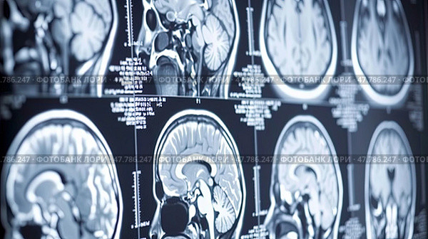 Detailed MRI images displaying the structure and activity of the human brain. Стоковое AI-изображение, AI-художник Данила Большаков / Фотобанк Лори