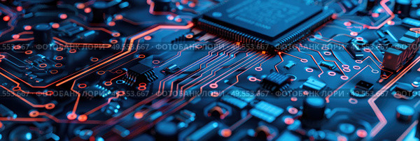 Detailed view of a computer circuit board displaying intricate electronic components and pathways. Стоковое AI-изображение, AI-художник Данила Большаков / Фотобанк Лори