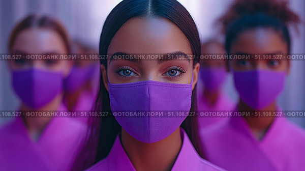 Determined line of diverse women in vibrant purple healthcare uniforms and matching protective masks, led by sharp-eyed figure, symbolizing unity and frontline strength. Стоковое AI-изображение, AI-художник Данила Большаков / Фотобанк Лори