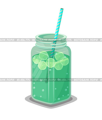 Detox drink with ice and straw inside big square jar. Healthy cool beverage to clean organism or refresh in hot summer isolated vector illustration.. Detox Drink with Ice and Straw in Big Square Jar. Стоковая иллюстрация, агентство Ingram Publishing / Фотобанк Лори