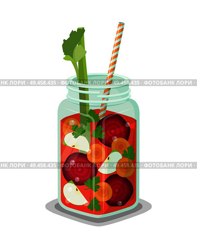 Detox refreshing healthy cocktail made of carrot slices, cut pieces of beet, fresh apple parsley and lettuce, drink in glass mug with straw vector. Detox Refreshing Healthy Cocktail Made Vegetables. Стоковая иллюстрация, агентство Ingram Publishing / Фотобанк Лори