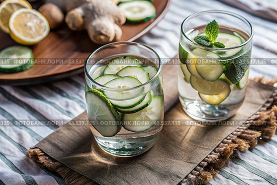 Detoxifying water with cucumber, lemon, lime, ginger and mint for a healthy diet. Стоковое AI-изображение, AI-художник Photojuli / Фотобанк Лори