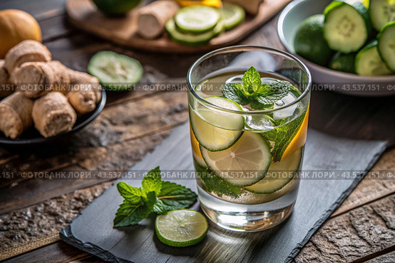 Detoxifying water with cucumber, lemon, lime, ginger and mint for a healthy diet. Стоковое AI-изображение, AI-художник Photojuli / Фотобанк Лори