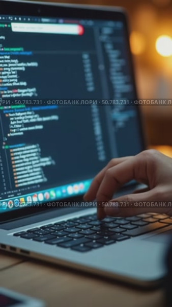 Developer Coding on Laptop in Cozy Atmosphere. Стоковое AI-видео, аниматор Sergey Grishin / Фотобанк Лори