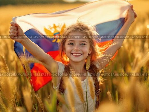 Девочка с флагом России в поле. Радостная девочка с флагом на фоне пшеницы. Патриотическая девочка в поле. Счастливое детство на природе. Девочка с флагом в золотистом поле. Девочка с триколором. Стоковое AI-изображение, AI-художник Сергей Расторгуев / Фотобанк Лори