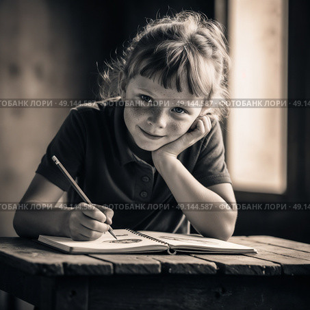 Девочка с веснушками сидит за столом и рисует. Ретростиль. A girl with freckles is sitting at a table and drawing. Retro style. Стоковое AI-изображение, AI-художник Смирнова Светлана / Фотобанк Лори