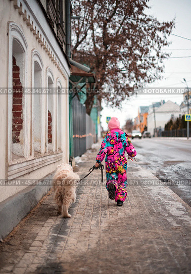 Девочка выгуливает на улице собаку на поводке зимой. Стоковое фото, фотограф Оксана / Фотобанк Лори