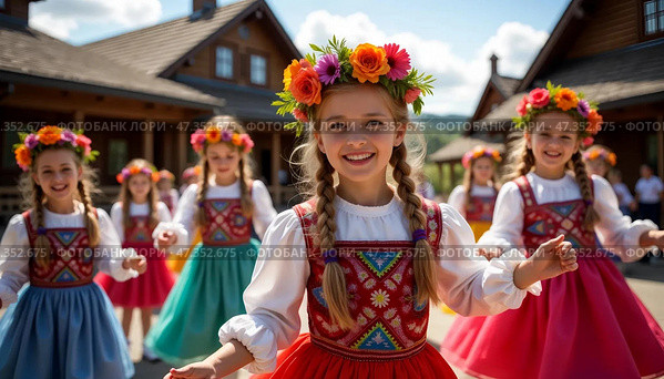 Девочки в традиционных народных костюмах танцуют на деревенском празднике. Стоковое AI-изображение, AI-художник Елена Голивкина / Фотобанк Лори