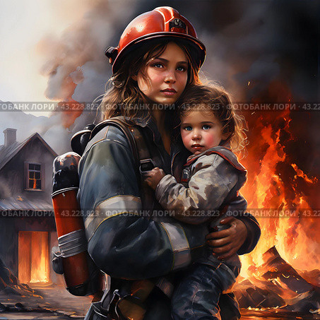 Девушка пожарный вынесла ребенка из огня. A firefighter girl carried a child out of the fire. Стоковое AI-изображение, AI-художник Анастасия Фельде / Фотобанк Лори