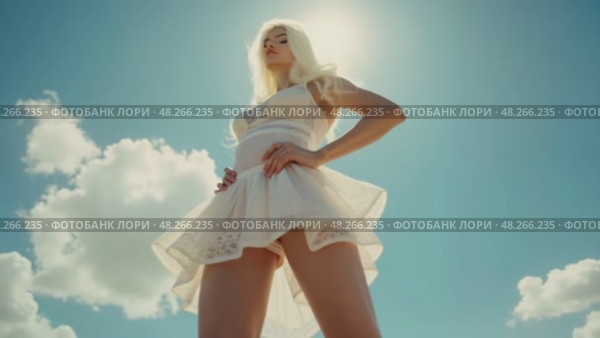 Девушка в белом платье на фоне голубого неба с облаками. Стоковое AI-видео, аниматор Виктория Кольцова / Фотобанк Лори