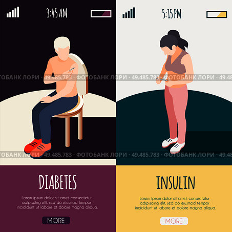 Diabetes isometric banners with male and female patients giving himself shot of insulin vector illustration. Стоковая иллюстрация, агентство Ingram Publishing / Фотобанк Лори