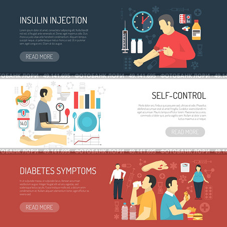 Diabetes Symptoms Horizontal Banners . Diabetes horizontal banners set with decorative icons compositions explaining disease symptoms insulin injection and self control flat vector illustration . Стоковая иллюстрация, агентство Ingram Publishing / Фотобанк Лори