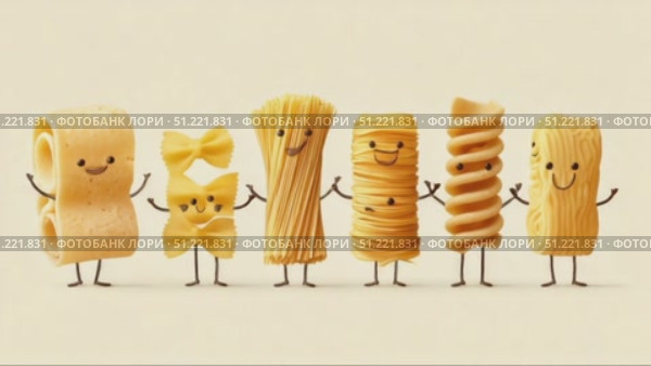 Different types of italian pasta, including lasagna, farfalle, spaghetti, and fusilli, stand in a line, holding hands and smiling on a white background. Стоковое AI-видео, аниматор Юрий Поздников / Фотобанк Лори