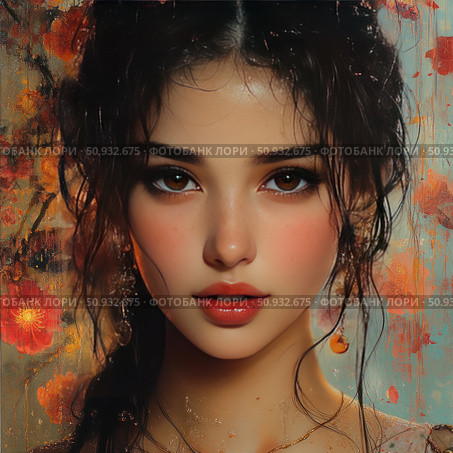 Digital art portrait of a young woman with expressive eyes and porcelain skin against a background of abstract floral brushstrokes. Her damp hair, dangling earrings and light freckles emphasize the romantic and slightly mysterious atmosphere. The painting combines photorealism with painting elements, creating a striking image suitable for art projects, fashion magazines, advertising and designer products. Стоковое AI-изображение, AI-художник Анна Кривицкая / Фотобанк Лори