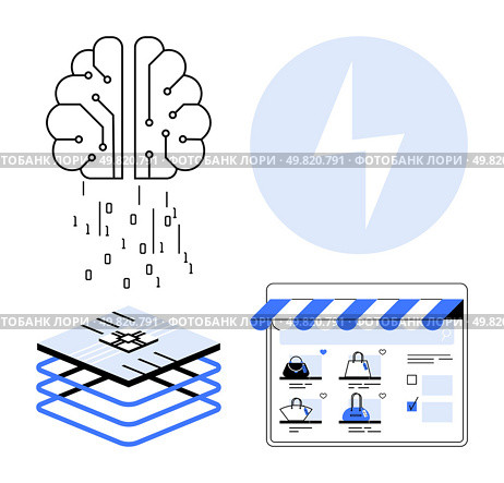 Digital brain with data flow, layered tech stack, and e-commerce website screen. Ideal for AI technologies, online shopping, tech innovation, digital transformation, smart retail, automation data. AI-powered Retail Neural Network, Data Flow, and E-commerce Interface for Enhanced Shopping Experience. Стоковая иллюстрация, агентство Ingram Publishing / Фотобанк Лори