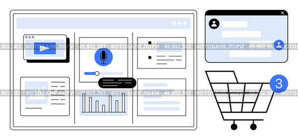 Digital dashboard on web browser with various widgets, including video player, voice command, analytics, shopping cart with notification, and user chat window. Ideal for tech, e-commerce. Digital Dashboard Display with Web Browser, Shopping Cart Notification, and User Chat Window. Стоковая иллюстрация, агентство Ingram Publishing / Фотобанк Лори