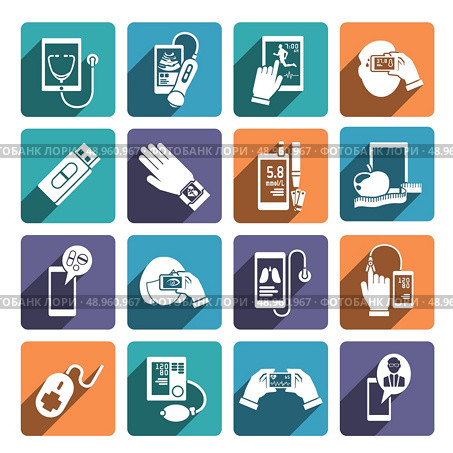 Digital health icons set of glucose level control fitness and diet app isolated vector illustration. Стоковая иллюстрация, агентство Ingram Publishing / Фотобанк Лори