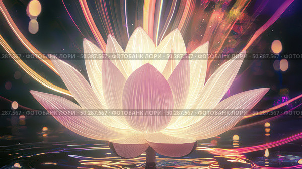 Digital illustration of a glowing lotus floating on the water in a nighttime setting. The flower glows with a soft warm light, and bright abstract lines and color flows flash around it, creating a sense of magic, energy and meditative harmony. Ideal for themes of self-knowledge, meditation, yoga, energy practices and designs related to spirituality and balance. Стоковое AI-изображение, AI-художник Анна Кривицкая / Фотобанк Лори