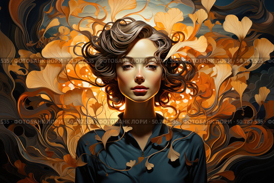 Digital illustration with Art Nouveau elements depicting a young woman with an expressive face surrounded by a mesmerizing swirl of golden ginkgo leaves. Glowing forms smoothly turning into curls and plant motifs create a sense of fusion of nature, light and inner harmony. The composition emphasizes feminine strength, tranquility and magical beauty. Ideal for themes of art, nature, femininity, inspiration and self-knowledge. Стоковое AI-изображение, AI-художник Анна Кривицкая / Фотобанк Лори