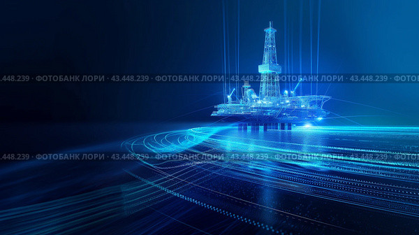Digital Offshore Oil Rig in Blue Light. Стоковое AI-изображение, AI-художник Кирилл Черезов / Фотобанк Лори