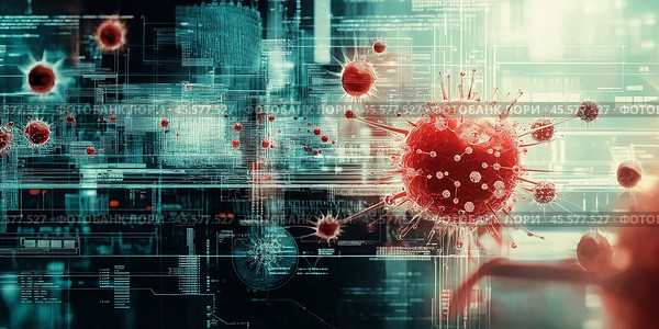 Digital representation of a virus interacting. Стоковое AI-изображение, AI-художник Михаил Коханчиков / Фотобанк Лори