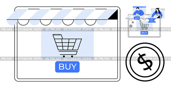 Digital shopping cart on webpage with BUY button, e-commerce awning, users browsing products, and dollar sign. Ideal for online shopping, e-commerce, digital marketing, retail tech, consumer. Online Shopping Concept with Digital Cart, Buy Button, Dollar Sign and E-commerce Store Elements. Стоковая иллюстрация, агентство Ingram Publishing / Фотобанк Лори