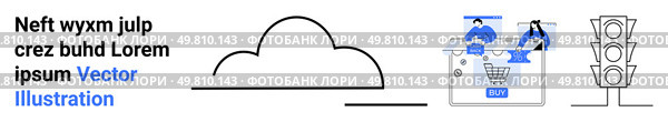 Digital shopping cart with person purchasing, monochrome traffic light, cloud symbol, and placeholder text. Ideal for e-commerce, digital marketing, cloud computing, web development, online shopping. Digital Shopping Cart, Traffic Light, and Cloud with Text for Technology and E-commerce Themes. Стоковая иллюстрация, агентство Ingram Publishing / Фотобанк Лори