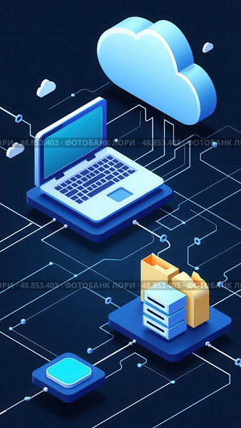 Digital system for transferring documents. FTP(File Transfer Protocol) files receiver and computer backup copy. File sharing isometric. Exchange information and data with internet. Стоковое AI-изображение, AI-художник Sergey Grishin / Фотобанк Лори