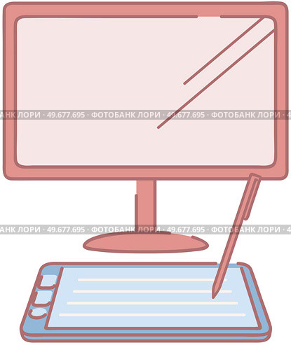 Digital tablet and computer monitor. Device for drawing and broadcasting to screen. Stylus for entering data on graphic tablet. Items for data entry and display isolated on white background. Digital tablet and computer monitor. Device with stylus for drawing and broadcasting to screen. Стоковая иллюстрация, агентство Ingram Publishing / Фотобанк Лори