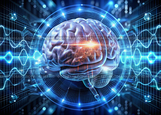 Digital technologies of the future. Artificial intelligence. The brain and digital codes on a virtual screen. The image was created using artificial intelligence. Стоковое AI-изображение, AI-художник Photojuli / Фотобанк Лори