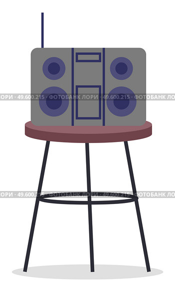 Digital vector hi-fi audio system with monitors and furniture. Audio amplifier, tuner. Home sound system stereo. Radio set on round table. Dancing and having fun, stay at home. Flat illustration. Stereo system, tuner, boombox, radio, sound equipment. Flat vector image isolated on white. Стоковая иллюстрация, агентство Ingram Publishing / Фотобанк Лори