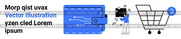 Digital wallet with circuits, user inserting a credit card, shopping cart with number three highlight. Ideal for e-commerce, digital payments, online shopping, user interface, finance apps. Digital Wallet, Shopping Cart, and User Persona Elements Highlighting E-commerce and Online Shopping. Стоковая иллюстрация, агентство Ingram Publishing / Фотобанк Лори