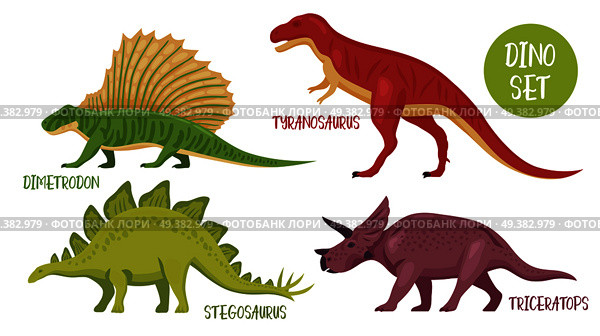 Dino set of isolated colourful dinosaur images with various species from different historical periods with captions vector illustration. Dinosaur Species Icon Set. Стоковая иллюстрация, агентство Ingram Publishing / Фотобанк Лори