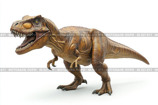 Dinosaur, presumably a Tyrannosaurus Rex, one of the most famous predators of the Cretaceous period. Its massive body is covered in detailed skin texture, with scales and folds visible, creating a realistic and powerful appearance. The large head with a massive jaw is filled with sharp teeth that are designed to tear flesh. The eyes of the dinosaur are expressive and bright, giving it an even more menacing appearance. The forelimbs are short, with two clawed fingers, while the hind legs are strong, with large claws for stability and movement. The tail is long, powerful, used for balance. Стоковое AI-изображение, AI-художник Анна Кривицкая / Фотобанк Лори