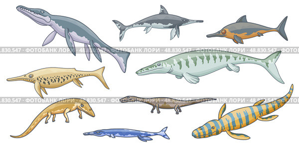 Dinosaur sea animal icons, jurassic marine reptile. Стоковая иллюстрация, иллюстратор Александрина / Фотобанк Лори