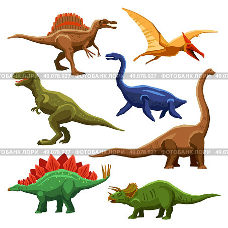 Dinosaurs Color Icons Iet. Dinosaurs color icons set in cartoon style on white background isolated vector illustration . Стоковая иллюстрация, агентство Ingram Publishing / Фотобанк Лори