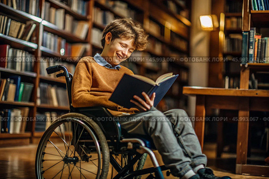 Disability. A child with disabilities in a wheelchair is reading a book in the library. Healthcare and medicine. Стоковое AI-изображение, AI-художник Photojuli / Фотобанк Лори