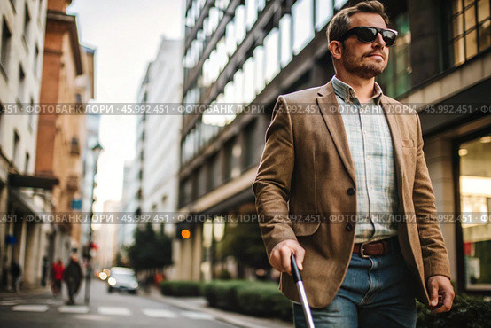 Disability. Loss of vision. A blind man with a cane and dark glasses is walking along a city street. International Day of the Blind on November 13. Стоковое AI-изображение, AI-художник Photojuli / Фотобанк Лори